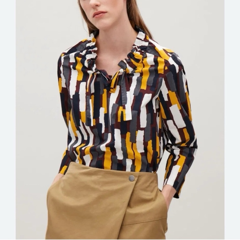 COS Woman Poplin Geometric Print Tie Neck Blouse US2 Contemporary Classic Office